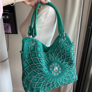 Emerald Green Studded Tote Bag with Crystal Accent